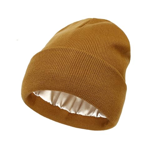 Facecozy Satin Lined Beanie Hats for Women Soft and Warm Winter Hats for Women Men Slouchy Beanie Hat (Dark Orange)
