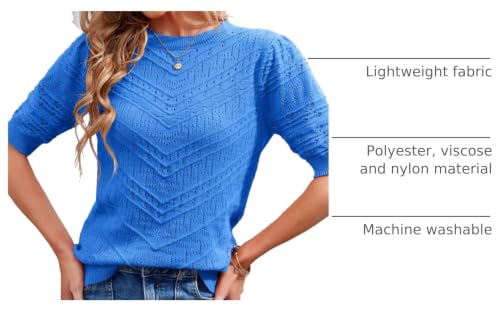 Image of Womens Puff Short Sleeve Sweater Summer Crew Neck Ribbed Knit Pullover Tops