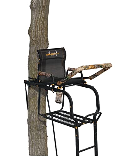 Muddy Odyssey XTL Ladder Stand - 20' Height Durable Steel Outdoor Hunting Silencer Technology Tree Stand with Padded Flip-Back Shooting Rest & Armrests, 350 Pound Maximum Capacity