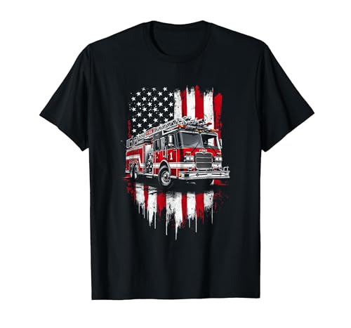 Drapeau américain des camions de Pompiers T-Shirt, Homme, Noir, L