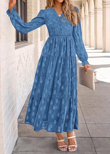 Image of KIRUNDO Spring Wedding Guest Dresses for Women 2026 Maxi Floral Long Sleeve Elegant Ruffle Tiered Flowy Party Long Dress