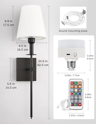 Image of DORESshop Battery Operated Wall Sconce Set of 2, Black Rechargeable Wall Lights Remote, Sconce Wall Decor Set of 2, 7 Colors Wireless Sconces for Bedroom Living Room Hallway