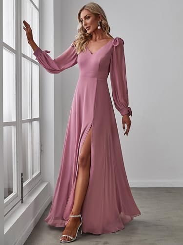 Image of Ever-Pretty Women's Fall Winter Formal Wedding Guest Dress Long Sleeve V Neck Chiffon Floor Length Bridesmaid Dresses 80116