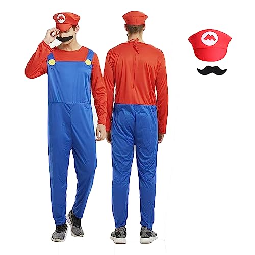 IDOTTA Halloween Plumber Costume Outfits for Kids Adult Unisex Cosplay Fancy Dress up with Bros Hats Cap Mustaches Halloween Cosplay Carnival