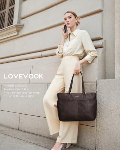 Image of LOVEVOOK Work Tote Bag for Women, Retro Leather 17.3 Inch Laptop Bag with Large Cup Holder, Computer Briefcase Handbag for Teacher, Nurse, and Medical Professionals