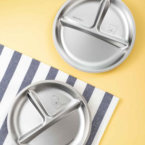 Image of Basil Stainless Steel Plate for Kids - Kids Plates for Food with 3 Compartments - Dinner Plates for Baby - Unbreakable Dinner Plates - Ideal for Birthday, Return Gifting - Wheel Plate - Pack of 2