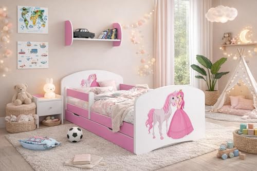 Happy Babies Cama infantil Happy con protección anticaída y cajón de cama para niñas, 160 x 80 cm, con colchón de 80 x 160 cm, color blanco rosa