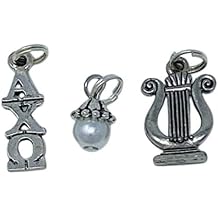 Sorority Alpha Chi Omega AXO Trio of Essential Charms Sorority Greek - Lavaliere, Lyre Mascot Charm, white glass Pearl Dangle