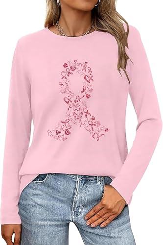 Breast Cancer Long Sleeve Shirts for Women Pink Ribbon Graphic Tees Cancer Awareness Support Gift