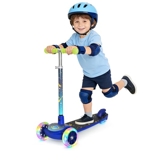 Nattork 3-Wheel Toddler Kick Scooter for Kids Girls Boys – Adjustable Height Scooter with Light-Up Wheels, Anti-Slip Deck, Lean-to-Steer Design for Ages 2-8 Astronaut Explorer