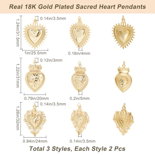 Beebeecraft 1 Box 6Pcs Sacred Heart Charms Real 18K Gold Plated Brass Gothic Mexican Love Shape Charms for DIY Necklace Bracelet Jewelry Making - Image 2