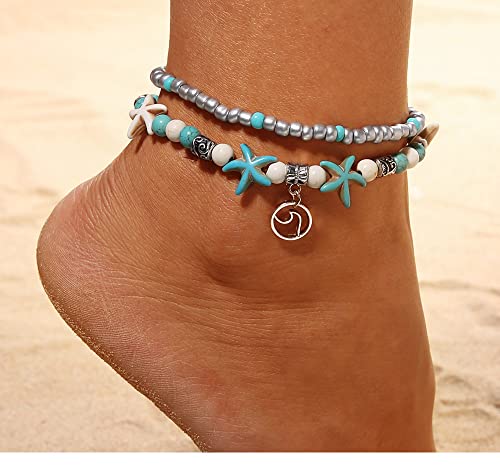 Image of Softones Blue Starfish Turtle Anklet Multilayer Charm Beads Sea Handmade Boho Anklet Foot Jewelry for Women