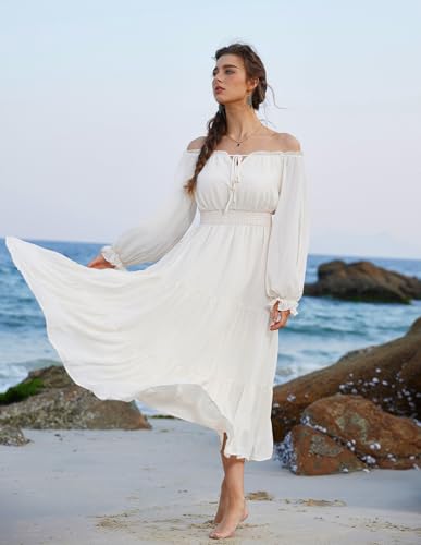 Scarlet Darkness Women Renaissance Off Shoulder Long Sleeve Smocked Waist Tiered Long Maxi Dress3