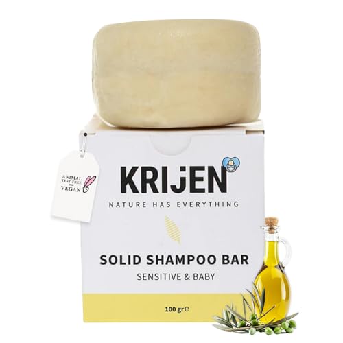 Krijen Champú vegano para cabello sensible y bebé, con extracto de manzanilla y aceite de oliva puro, sin parabenos, sin SLS, sin gluten, hecho a mano, funciona incluso en agua dura, 100 g