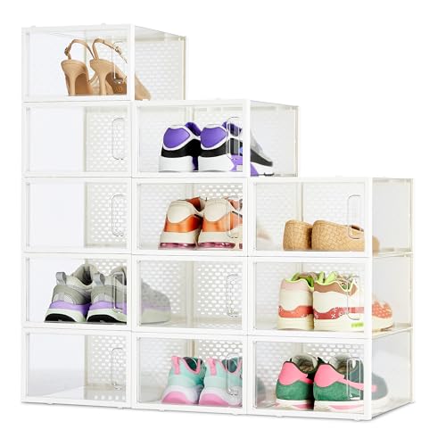 Amazon Basics - Caja organizadora de zapatos apilable y plegable, mediana, paquete de 12, Transparente Amazon Basics - Caja organizadora de zapatos apilable y plegable, mediana, paquete de 12, Transparente
