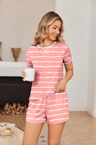 Image of Ekouaer Women Pajama Set Casual Shorts Sets Short Leeve Lounge Set | Soft Sleepwear Top and Shorts for Daily Wear, Home, Party for Mom, Wife