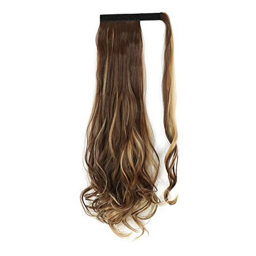 MayShow Body Wave Ponytail Hair Extensions 24 Inch Body Wave Ponytails Magic Paste Hairpieces Heat Resistant Natural Ponytail Hair Extension for Women.(Black brown Mix Light Brown)