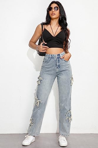 Womens Casual High Waisted Loose Wide Leg Jeans Classic Star Pattern Denim Pants Trousers4