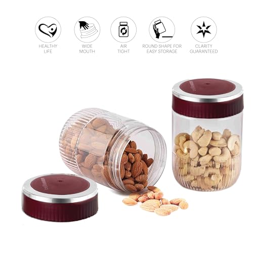 Image of CELLO Mint Storage Canister For Kitchen Set of 2, (750 ml x 2), Maroon | Food Grade, Stackable, See Through |Nestable Storage Pet Container with Lid for Food, Pulses, Spice, Cereals, Cookies, Dry Food