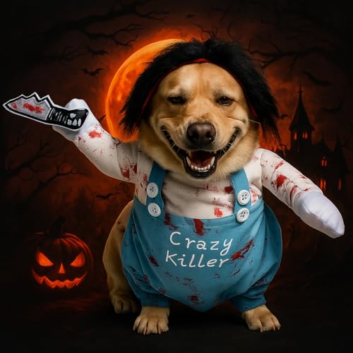 Valicaer Halloween Hundekostüm Chucky,Hund Schreckliches Kostüm Lustiges Haustier Kostüm für kleine bis große Hunde und Katze, Party- und Cosplay Anzug Dog Killers (S)
