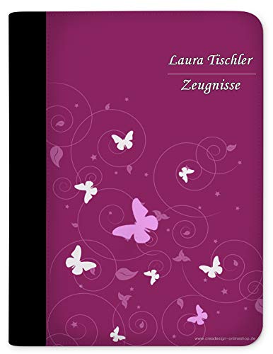 CreaDesign, Kinder Zeugnismappe mit Namen personalisiert, Motiv Schmetterling Ornamente Brombeere Grau ohne Klarsichthüllen , A4, 24 x 31 x 1 cm, Rücken schwarz Cover