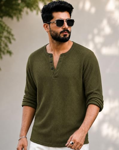 Image of AUSK Men's Waffle Knit Henley T-Shirt | Cotton Blend Full Sleeve Textured Casual T Shirt | Regular Fit Button Placket Round Neck Tshirt for Men