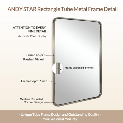 Image of ANDY STAR 28x36 INCH Brushed Nickel Mirror, Rounded Rectangle Brushed Silver Metal Framed Mirrors for Bathroom Anti-Rust SUS304, Tube Metal Frame, 1'' Deep Wall Mounted Vertically /Horizontal