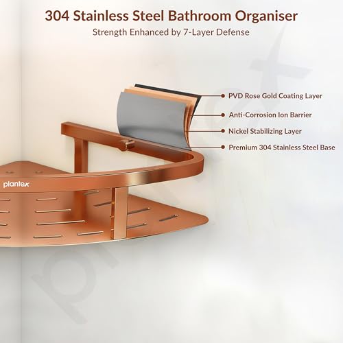 Image of Plantex Corner Shelf for Bathroom Wall Mount /304 Grade Stainless Steel Bathroom Corner Shelf /Bathroom Accessories Holder for Wall (9x9 inches, PVD Rose Gold)