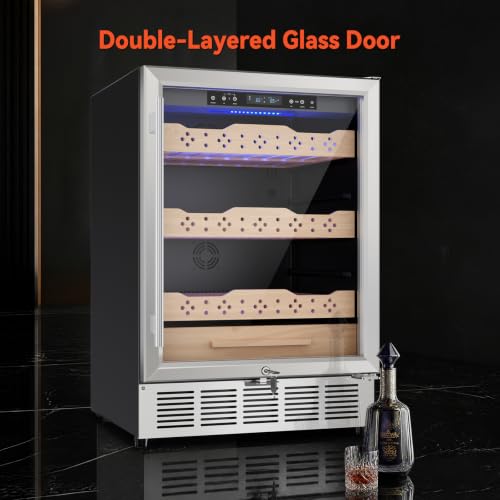 Image of 24 Inch Electric Humidor, Stainless Steel Humidor Cabinet with Large Capacity, Double-Layer Tempered Glass Door, Digital Temp & Humidity Control, Blue LED Light & Lock