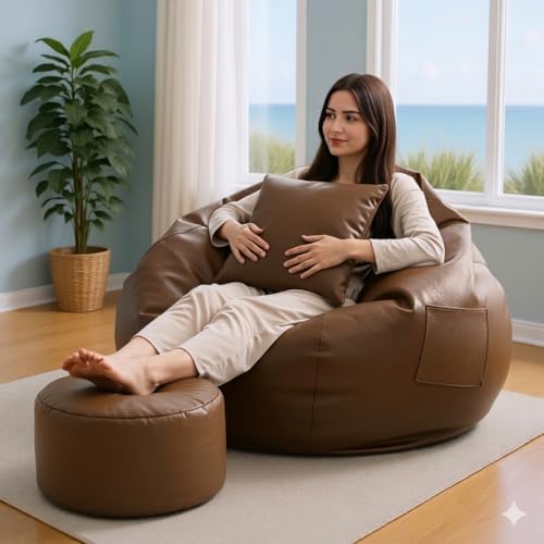 Image of KAM'S LIEU 5XL Faux Leather Bean Bag Chair with Footrest & Cushion | Filled with High Density Polystyrene Beans | Premium Soft Fabric | 6 Months Warranty | Ready to Use Color- (Tan, with Footrest)