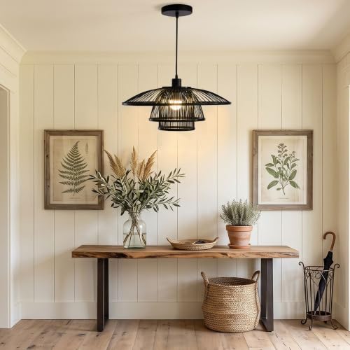 Image of Pendant Light, Bamboo Boho Hanging Light with Adjustable Height
