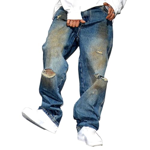 Men’S Vintage Hip Hop Ripped Baggy Straight Denim Pants Button Fly Distressed Streetwear Skateboard Full Length Jeans