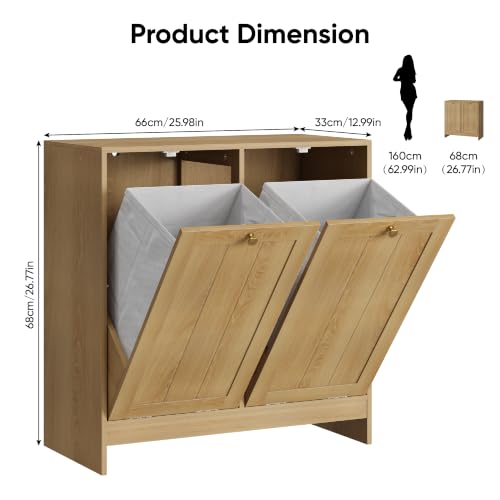 Image of Smart FENDEE Double Tilt Out Laundry Hamper Cabinet, Small Hidden Trash Cabinets with 2 Baskets for Kitchen, Freestanding Bathroom Storage Cabinet Unit, Natural Oak