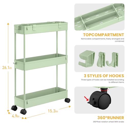 Image of SPACELEAD Slim Storage Cart 3 Tier,Bathroom Organizer Rolling Utility,Mobile Shelving Unit Slide Out for Office, Kitchen, Laundry Room & Narrow Places,Green