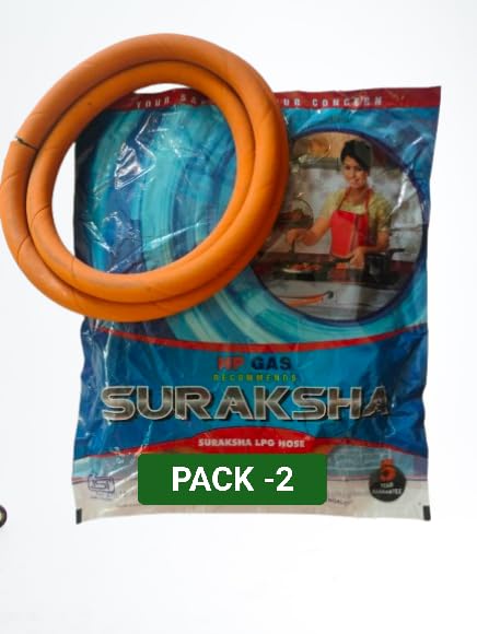 SURAKSHA HP Safe Quality ISO Certified LPG Hose Flexible Rubber Gas Pipe (Steel Wire Reinforced) Leak proof Suitable for Domestic Bharat/HP/Indane Cylinder (Blue Packing and Orange Pipe) (Pack of 2)