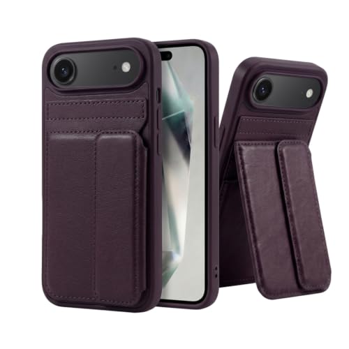 Image of amazon basics Luxury Vegan Leather Back Cover for iPhone 17 Air | Built-in Card Holder Slot | Integrated Mobile Stand | Slim Shockproof Protective Case with Stitched Finish - Purple