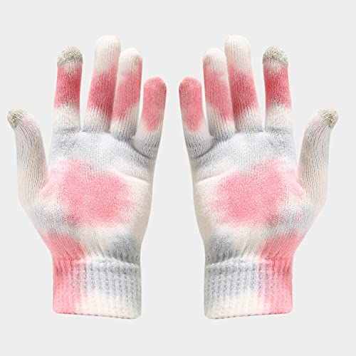 Damin Cowboy Hats Kids Knitted Skiing Tie-Dye Warm Women Windproof Printed Winter Sets Scarf Men Gloves I Run Visor Pink #TOP4