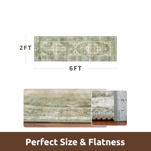 AMOAMI-2X6 Runner Rug-Washable Runners for Hallways-Soft Non Slip Bedside Rugs for Bedroom-Vintage Long Rug for Hallways Entryway Laundry Room Stair Kitchen Bathroom Olive Green