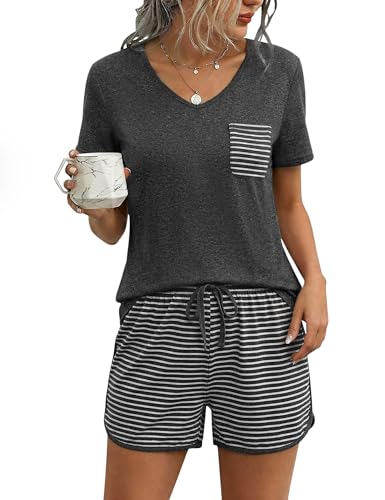 Demegimi Schlafanzug Damen Kurz Pyjama Set Baumwolle Sommer Schlafanzüge V-Ausschnitt Shorty Nachtwäsche S-2XL