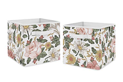 Sweet Jojo Designs Vintage Floral Boho Foldable Fabric Storage Cube Bins Boxes Organizer Toys Kids Baby Childrens - Set of 2 - Blush Pink, Yellow,...
