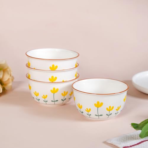 Image of Nestasia Ceramic Soup Bowl with Spoon Set of 4 (400ml Each) - Floral Microwave & Dishwasher Safe Bowl Set for Serving Soup, Curry, Custard, & Dessert - Perfect for Gifting & Daily Use (White & Yellow)