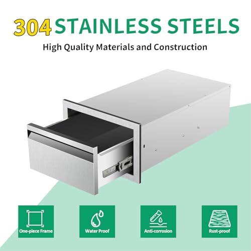 Image of Outdoor Kitchen Drawers 14 inch W x 8.5 inch H x 23 inch D Stainless Steel Single Drawers with Hidden Handle for BBQ Island, Patio Grill Station & Outdoor Kitchen Cabinets