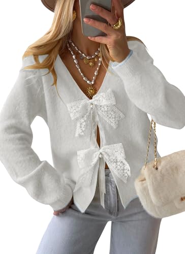 Cakulo Womens Bow Sweater Tie Front V Neck Cardigan Sweaters Lightweight Knit Fall Cardigans Crop Tops 2025 White L