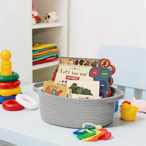 Image of Small Woven Gift Basket, Baskets for Gifts Empty, Cotton Rope Cat Dog Toy Bin Box, Baby Nursery Organizer, Easter Basket with Handle, Shelf Storage Bin for Decor, Gray, 12 inchx 8 inchx 5 inch