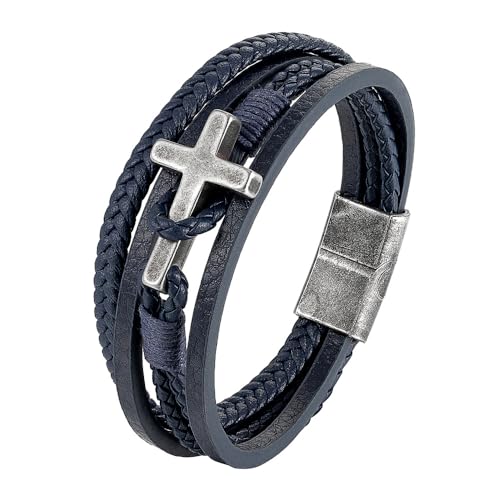 Cross Bracelet for Men Black/Brown/Blue Braided Leather Religious Bracelet with Stainless Steel Silver Cross Charm Stylish Christian Jewelry 21 cm / 8.26 inches