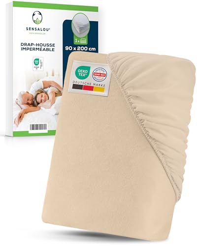 Sensalou Drap Housse Imperméable 90 x 200 cm Beige – Alèse Protège Matelas Surface Éponge Douce pour Lit Simple et Lit Adulte – Protection Literie...