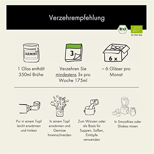JARMINO Kalbsknochenbrühe 6x350 ml | Bio-Qualität, Kollagen- & proteinreich | nach Hildegard von Bingen | Paleo Keto Bone Broth | Bio Brühe aus Weidehaltung & Grasfütterung