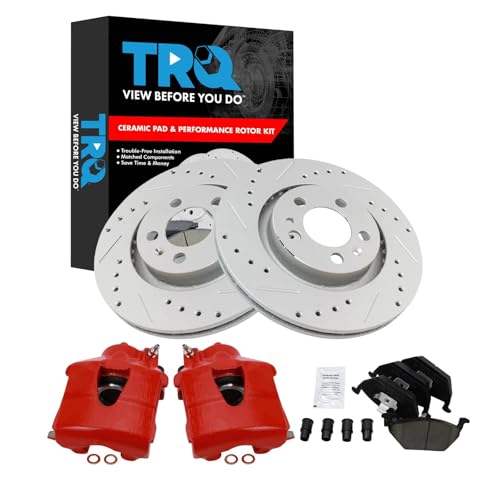 Image of TRQ Performance Front Brake Pad and Rotor Set Ceramic Drilled Slotted G | For 1998-2010 Volkswagen Beetle 2000-2006 Golf 1999-2005 Jetta