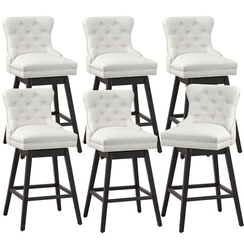 Image of White Leather Swivel Bar Stools Set of 6 with Back, 26 Inch Counter Height Chairs, Solid Wood Legs, Tufted Seat, Comfortable and Stylish for Kitchen, Island, Home Bar(White, 6 Pack, 26 inch H)