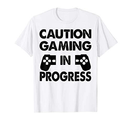 Caution Gaming In Progress Tee Shirt Funny Gamer Boys Camiseta